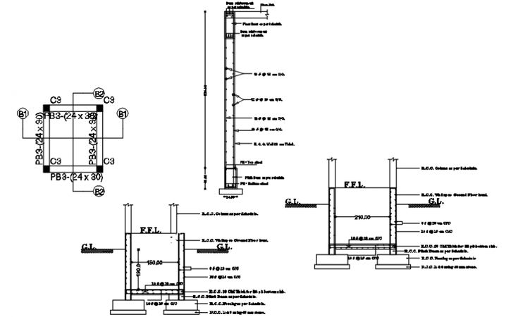 Column sections and footing structure details for hotel dwg file ...