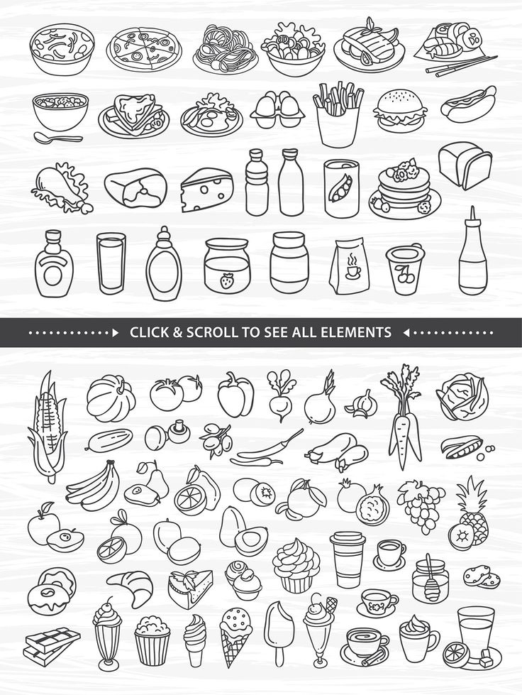 a set of hand drawn food and drinks icons