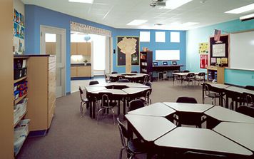 an empty classroom with desks and chairs