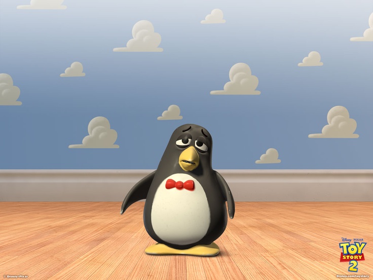 a cartoon penguin with a bow tie standing in front of a blue sky and clouds background