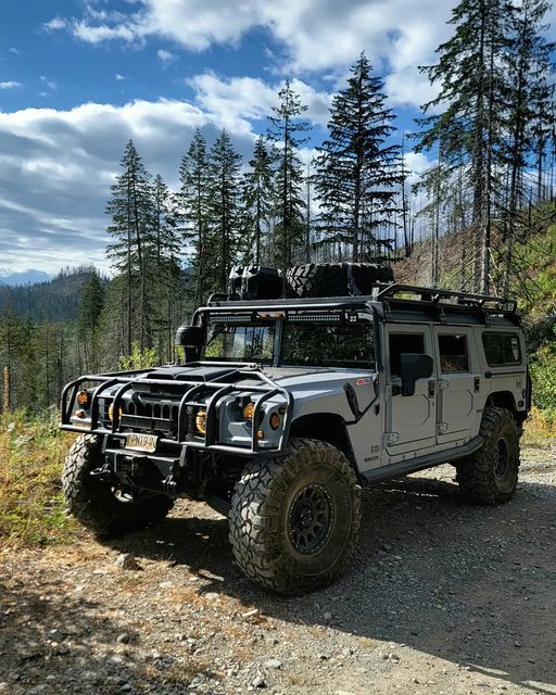 an off - road vehicle is parked on the side of a dirt road near some trees