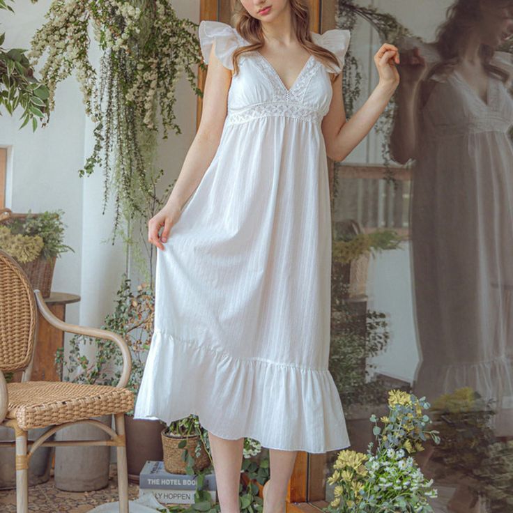 French Lace Ruffle Pajama Nightgown | Best Stylish Bedding | Ever Lasting Feminine V-neck Nightgown With Lace Trim, White Ruffled Sleepwear For Loungewear, Spring Nightgown With Delicate Lace For Loungewear, Spring Delicate Lace Nightgown For Loungewear, Cotton Sleepwear With Delicate Lace For Loungewear, White Ruffled Sleepwear, White Lace Patchwork Nightgown For Loungewear, Delicate Lace Nightgown For Spring Bedtime, Feminine Delicate Lace Nightgown For Loungewear