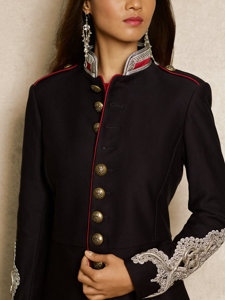 Embroidered Twill Jacket - Jackets   Women - RalphLauren.com Indian Western Fusion Fashion, Crocheted Sleeves, Fashion Uniform, Military Inspired Fashion, Military Jacket Women, Military Blazer, Uniform Jacket, Military Style Jackets, Twill Jacket