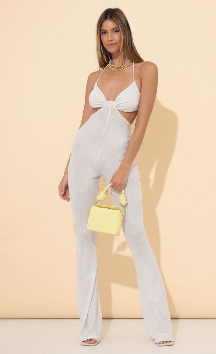 Lillie Jumpsuit in White | LUCY IN THE SKY Chic White Backless Jumpsuit, White Backless Jumpsuits And Rompers For Date Night, White Tie-back Jumpsuits And Rompers For Summer, Chic White Jumpsuits And Rompers With Tie Back, Chic White Tie Back Jumpsuits And Rompers, Chic White Tie-back Jumpsuits And Rompers, White Backless Jumpsuit For Evening, Chic White Tie-back Jumpsuit, White Backless Jumpsuits And Rompers For Day Out