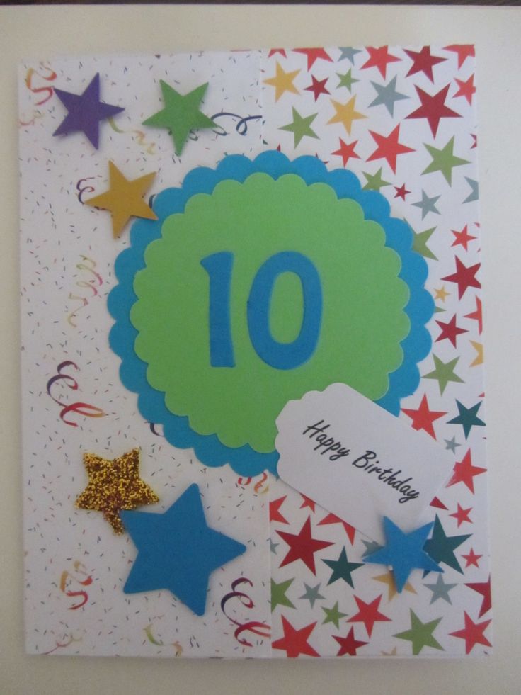 a birthday card with the number ten on it and stars around it in different colors