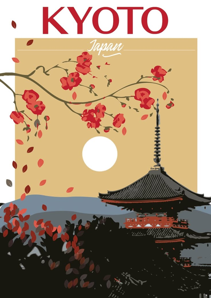 an image of a japanese poster with flowers on it's side and the sun in the background