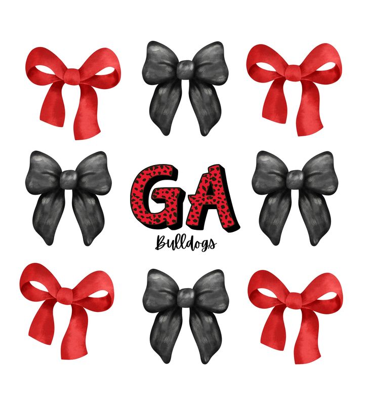 red and black bows with the word ga on them in different font styles, set against a white background