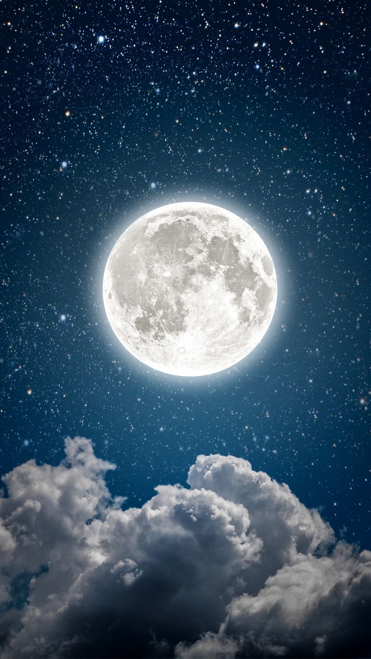 the full moon is shining brightly in the night sky with clouds and stars around it