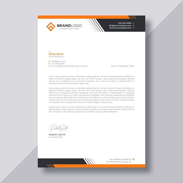 a letterhead with an orange and black stripe on the bottom, in front of a gray background