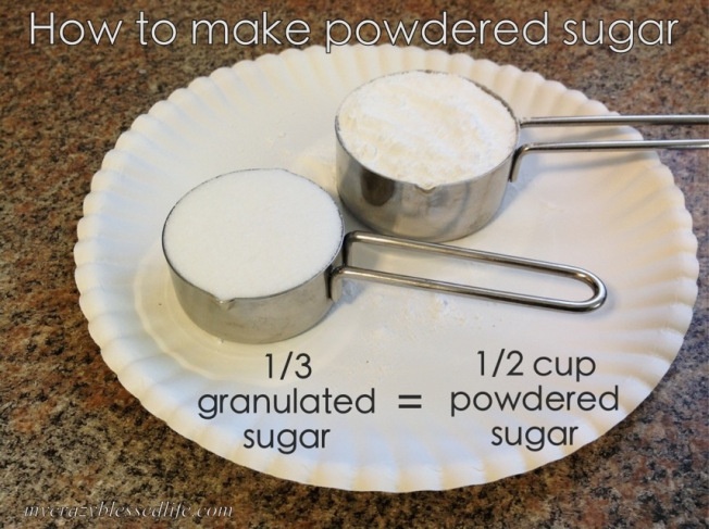 how to make powdered sugar on a paper plate with measuring spoons and salt shakers