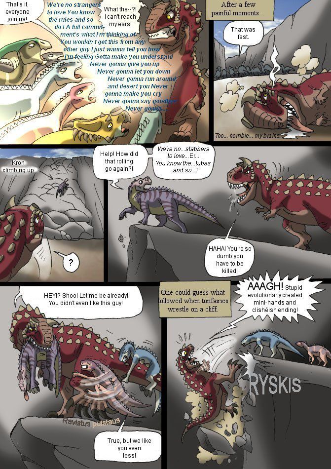 a comic strip with an image of a dinosaur and other animals