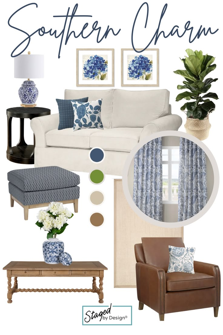 a living room with blue and white decor