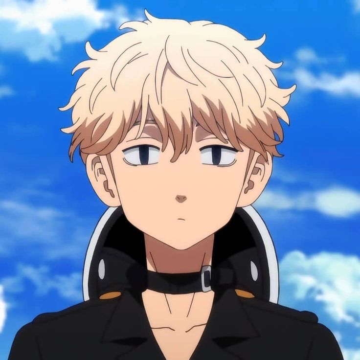 an anime character with blonde hair wearing a black shirt and looking at the camera while standing in front of clouds