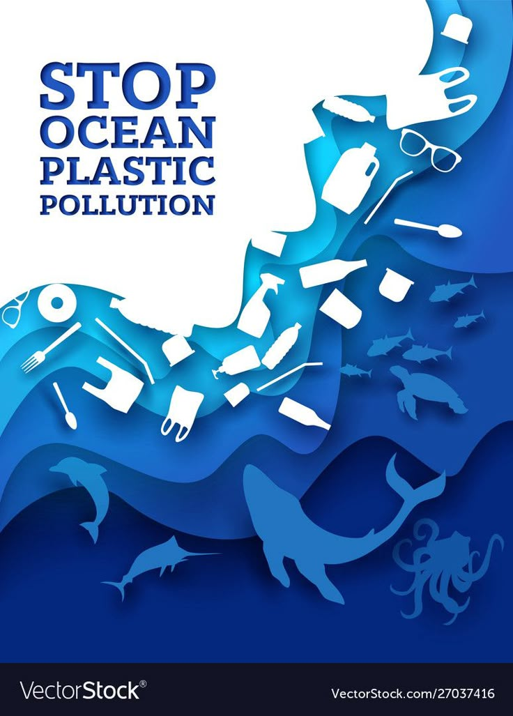 an ocean pollution poster with various plastic items floating in the water