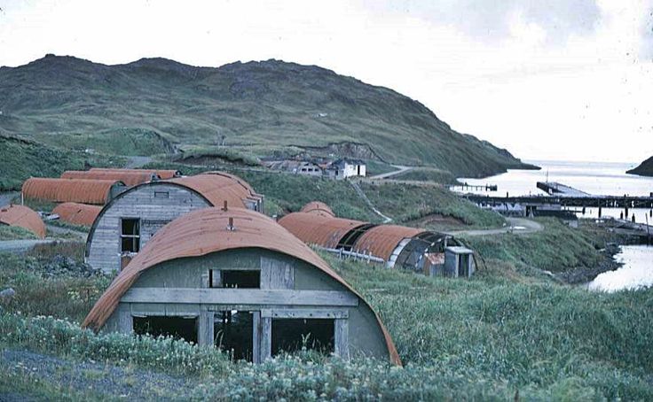 an old barn with grass growing on it's roof and some water in the background