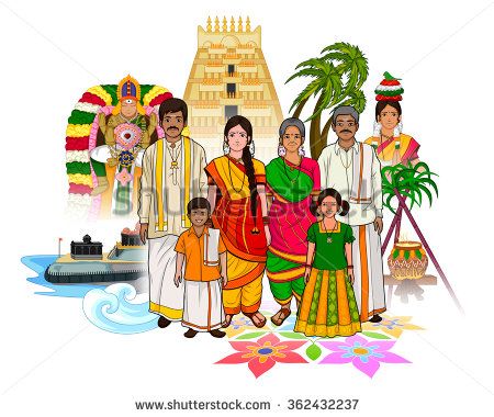 Vector design of Tamil family showing culture of Tamil Nadu, India Tamil Art Culture, Tamil New Year Greetings, New Year Drawing Ideas, New Years Drawing Ideas, New Year Drawing, Tamil New Year, New Year's Drawings, Happy Pongal, Indian Illustration