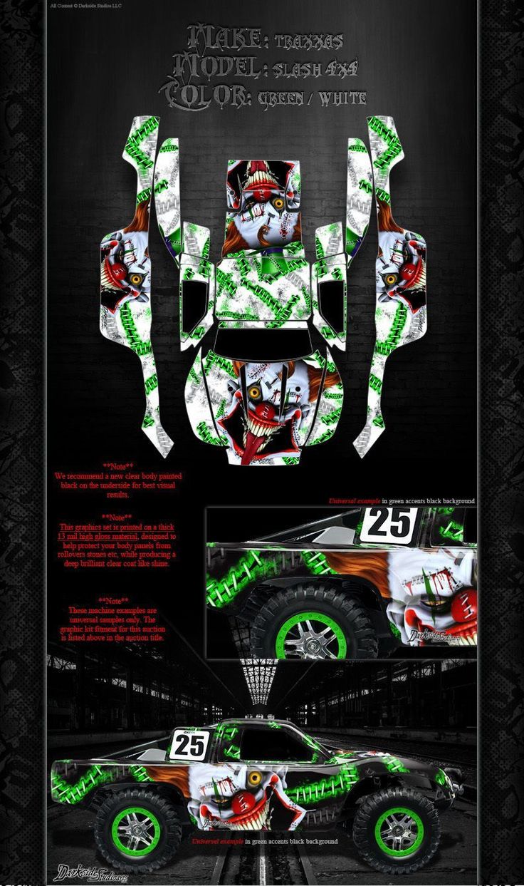 TRAXXAS SLASH 4X4 GRAPHICS WRAP DECALS STIFF UPPER LIP FITS OEM BODY PARTS WHT - Darkside Studio Arts LLC. Traxxas Slash 4x4, Traxxas Slash, Upper Lip, Green Accents, Fit Body, Precision Cut, Installation Instructions, Material Design, Art Studios