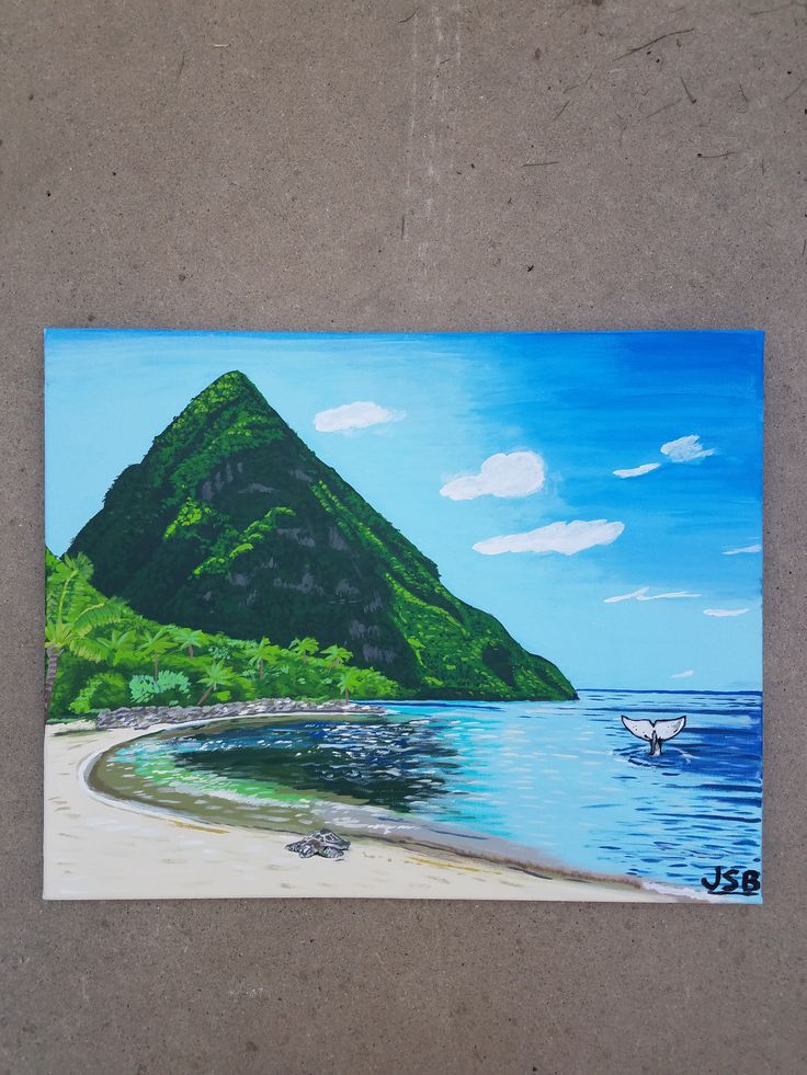 a painting of a beach with a mountain in the background and a bird flying over it