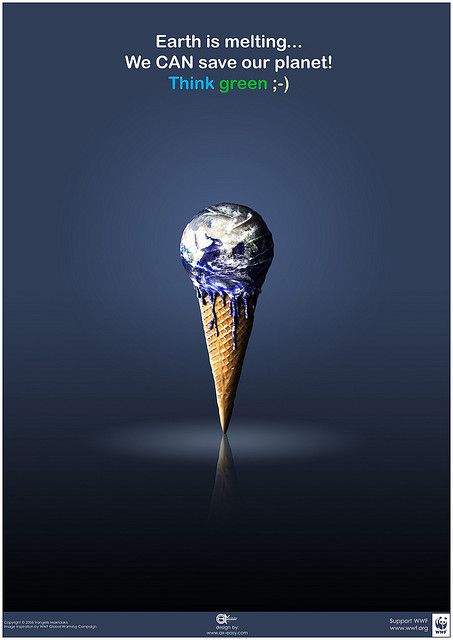 an ice cream cone with the words earth is melting we can save our planet think green