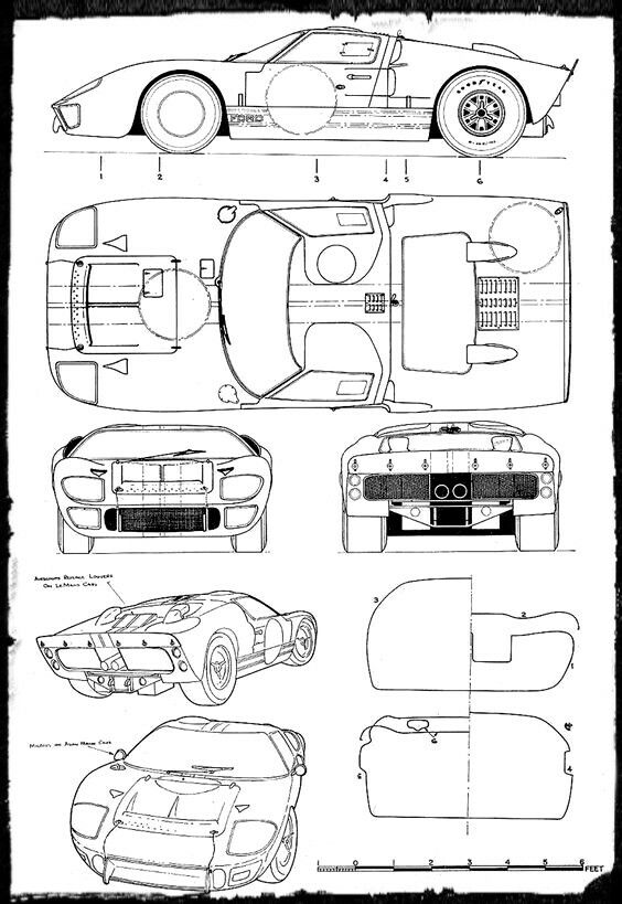 the blueprint drawing shows how to draw a sports car in three different stages, including front and back views