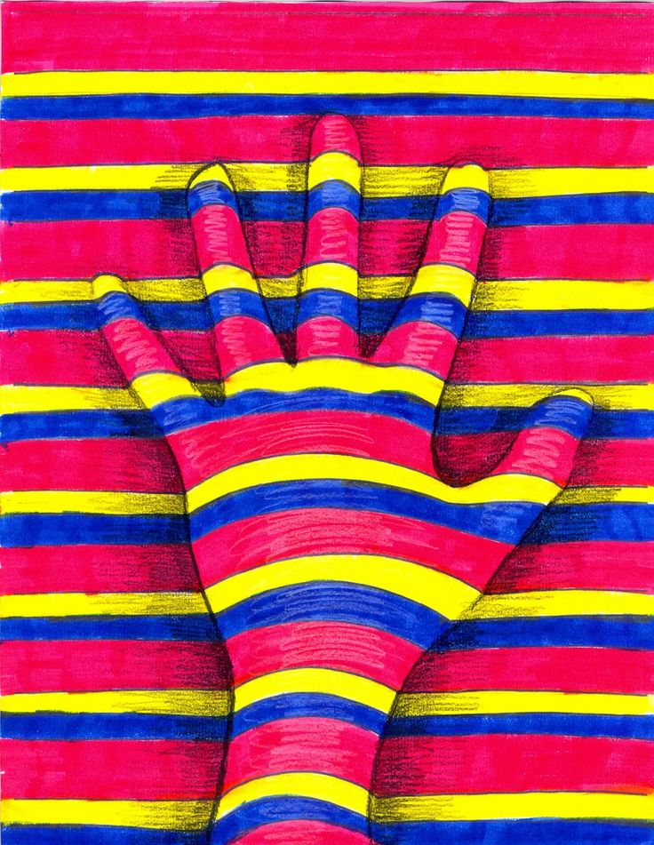 a drawing of a hand with multicolored stripes on it's body and hands