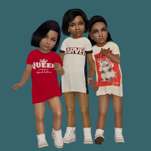 Designer long t-shirts by Klira for toddler girls | Klira&Trinity on Patreon Toddler Cc Sims 4, Sims 4 Toddler Clothes, Sims 4 Piercings, Sims Baby, The Sims 4 Skin, Sims 4 Cc Kids Clothing, Cc Clothes, The Sims 4 Packs, Sims 4 Children