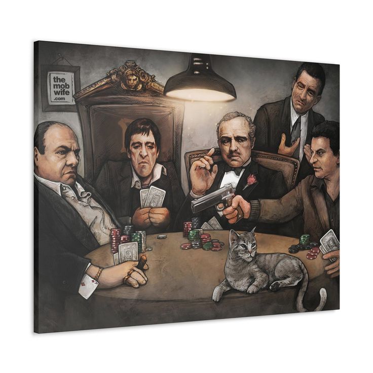 a painting of four men playing cards with a cat sitting on the table in front of them