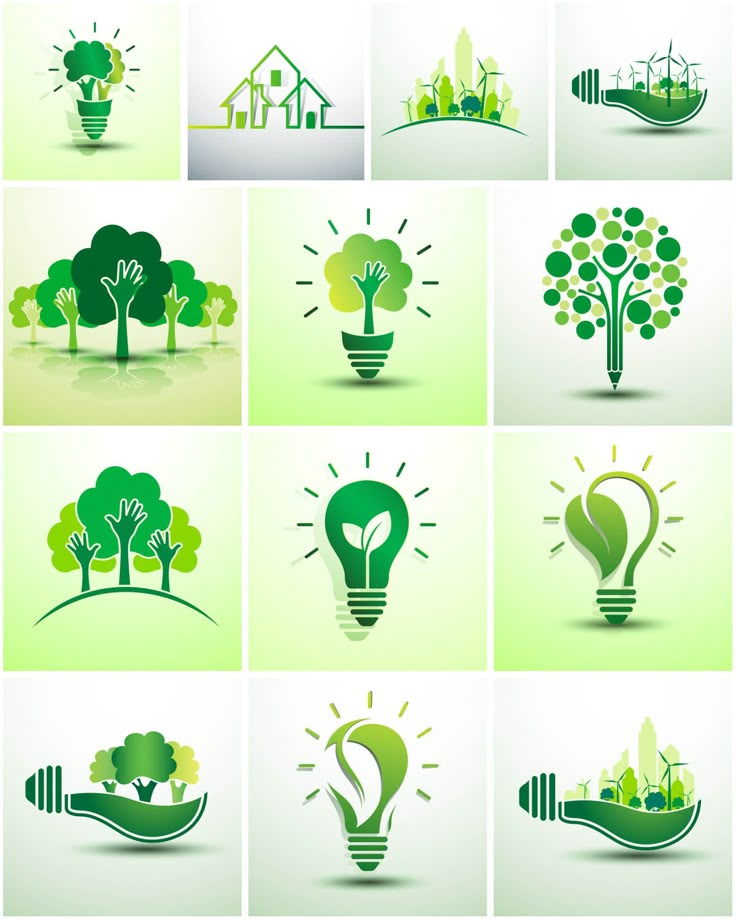 green light bulb with trees and houses in the shape of an eco - friendly symbol