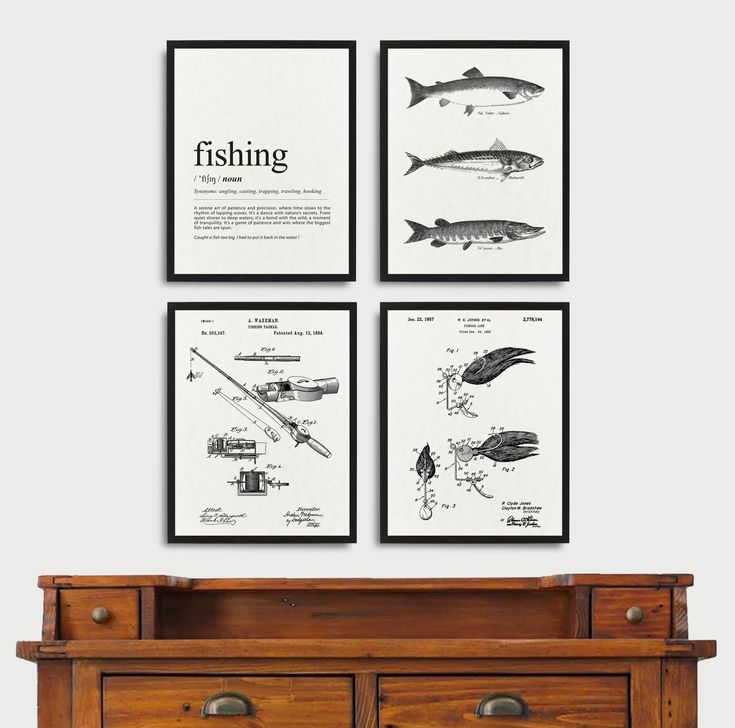 three framed pictures hanging on the wall above a dresser with fishing gear and lures