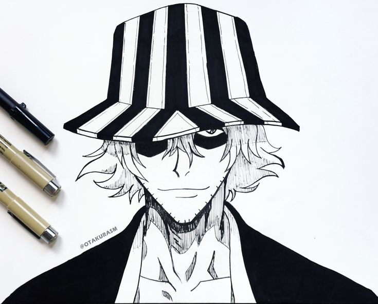 a drawing of a man with a hat on his head and two pens next to it