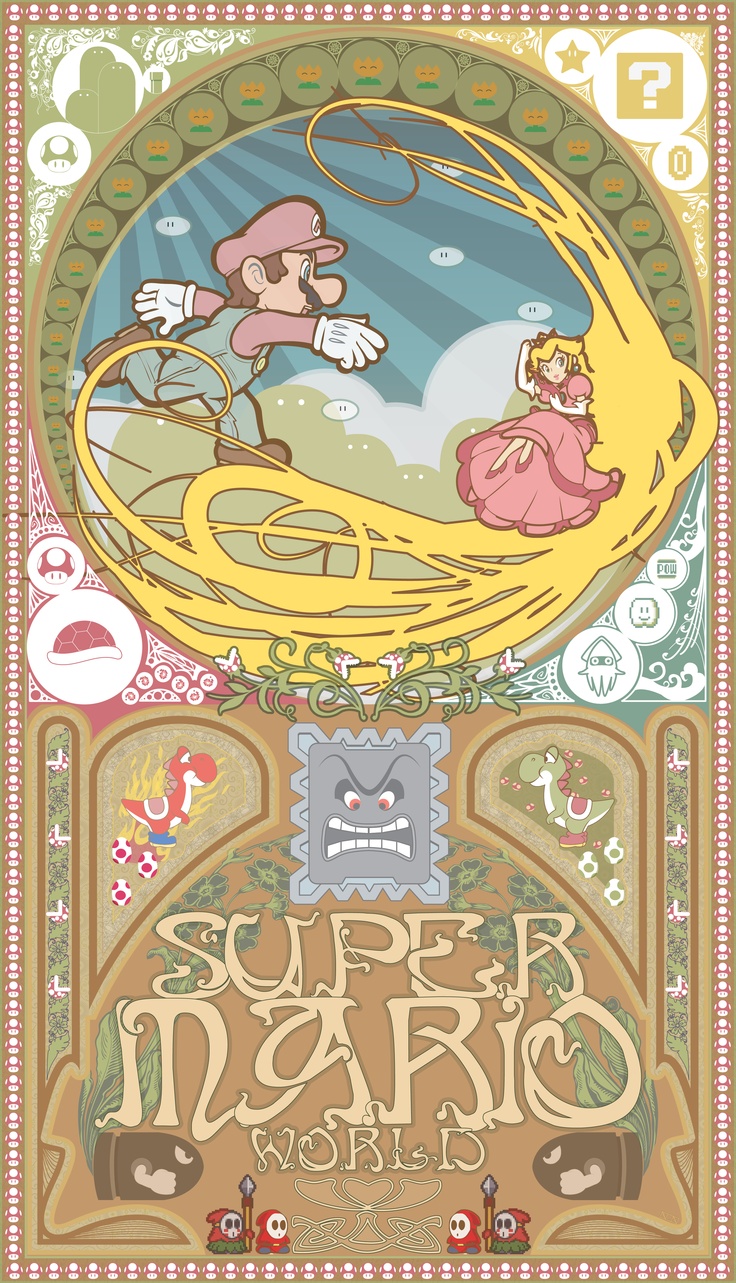 the poster for super mario world is shown in this image, and it's very colorful