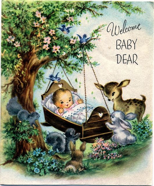 a baby is laying in a swing with animals around him and the words welcome baby dear written on it