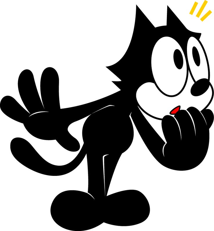 a black and white cartoon cat with an orange light above its head, pointing at something