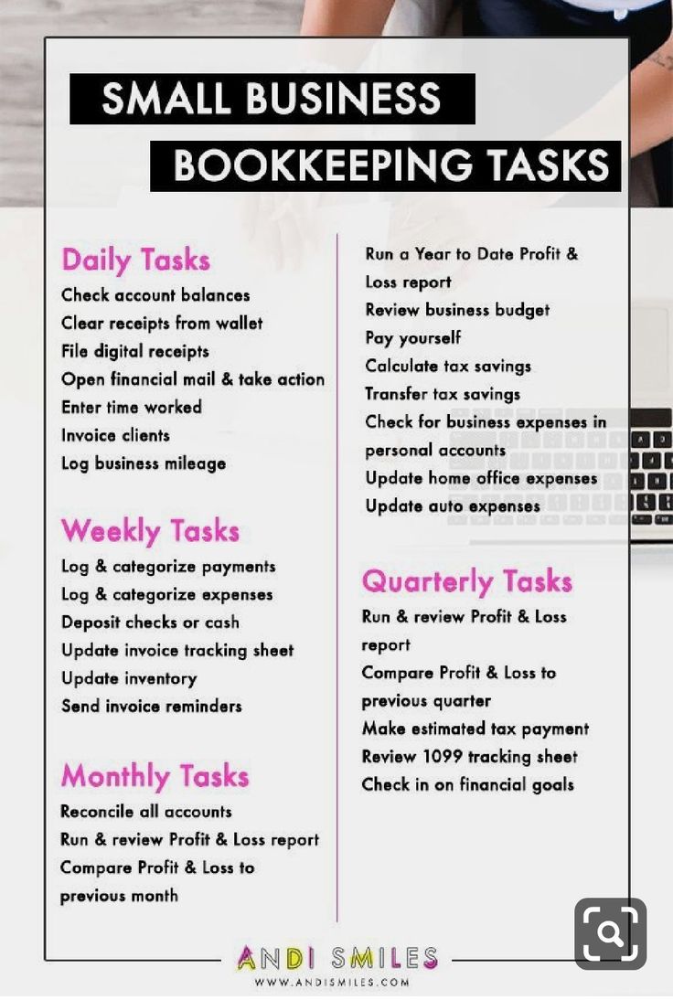 the small business bookkeeping tasks list is shown in pink and black, with an image of