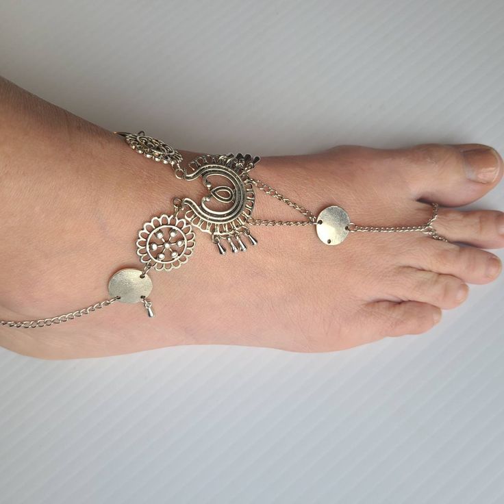 Silver ankle bracelet- boho hippie style foot bracelet with charms Ships fast Bohemian Toe Ring Jewelry For Beach, Adjustable Gold Bohemian Barefoot Sandals, Gold Bohemian Barefoot Sandals, Gold Bohemian Barefoot Sandals For Festival, Hippie Silver Jewelry For The Beach, Silver Hippie Jewelry Suitable For Beach, Bohemian Toe Ring For Festivals, Bohemian Festival Toe Ring Jewelry, Bohemian Style Toe Ring For Festivals