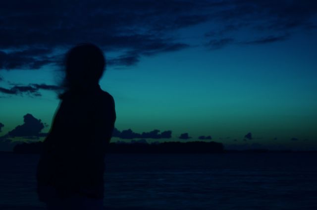 the silhouette of a person standing in front of a body of water at night time