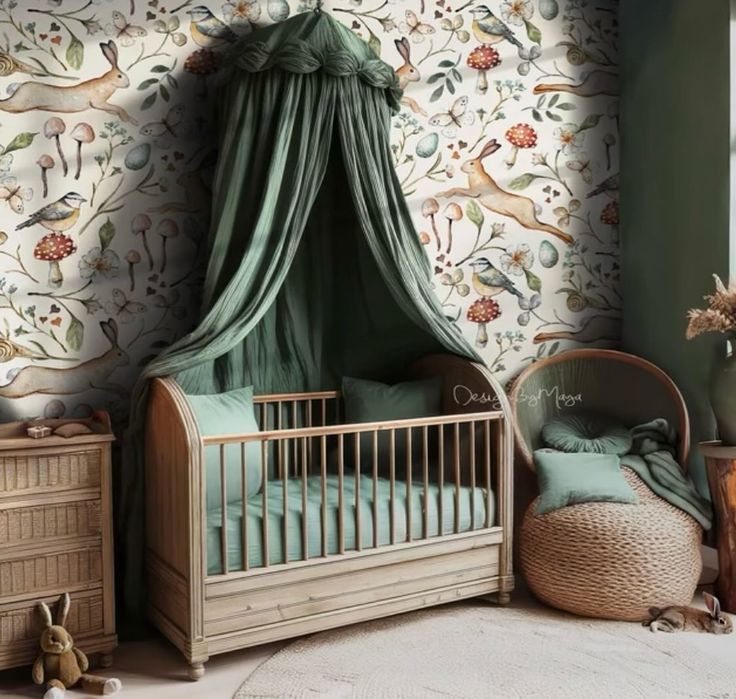 a baby's room with a canopy bed, crib and dresser in it