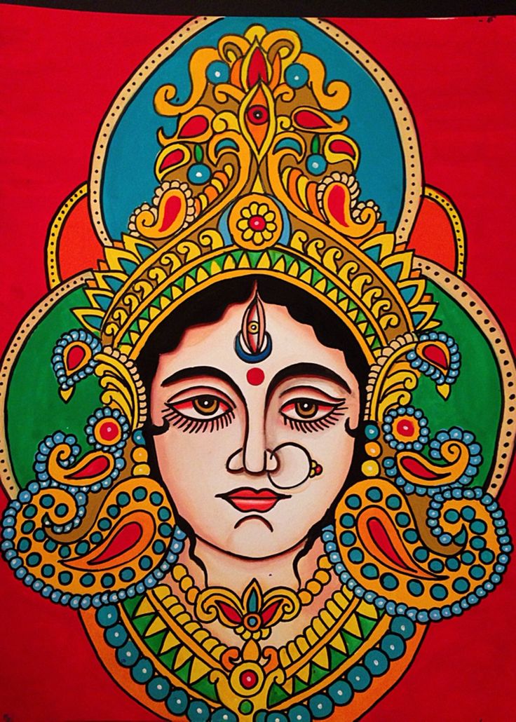 a painting of a woman's face on a red background with ornate designs and colors