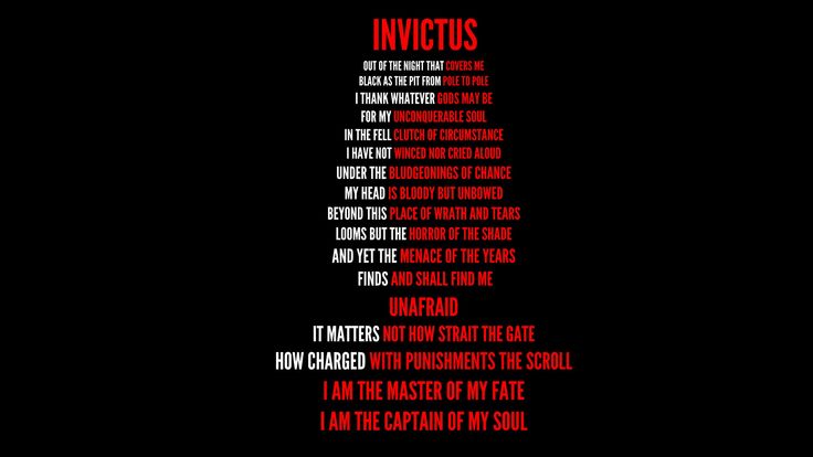 the poster for invictus, which is written on black paper with red lettering