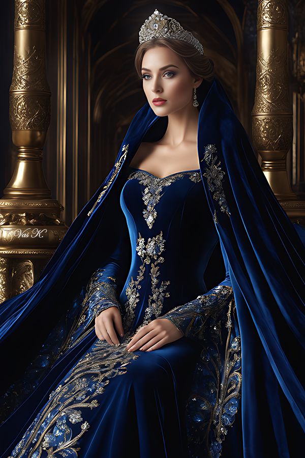 Royal blue 2, Vas K. Blue Coronation Dress, Royal Blue Queen Dress, Fantasy Coronation Gown, Fancy Royal Outfits, Queen Outfits Royal Dress, Fantasy Royal Clothing Queens, Medevial Dresses Royal, Royal Dress Design, Blue Princess Dress Royal