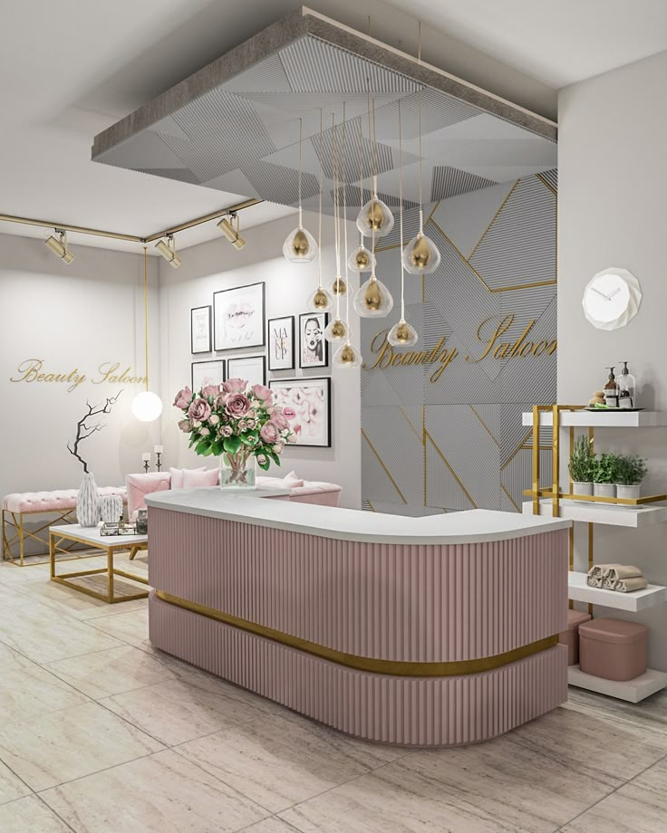 the interior of a beauty salon with pink and gold accents