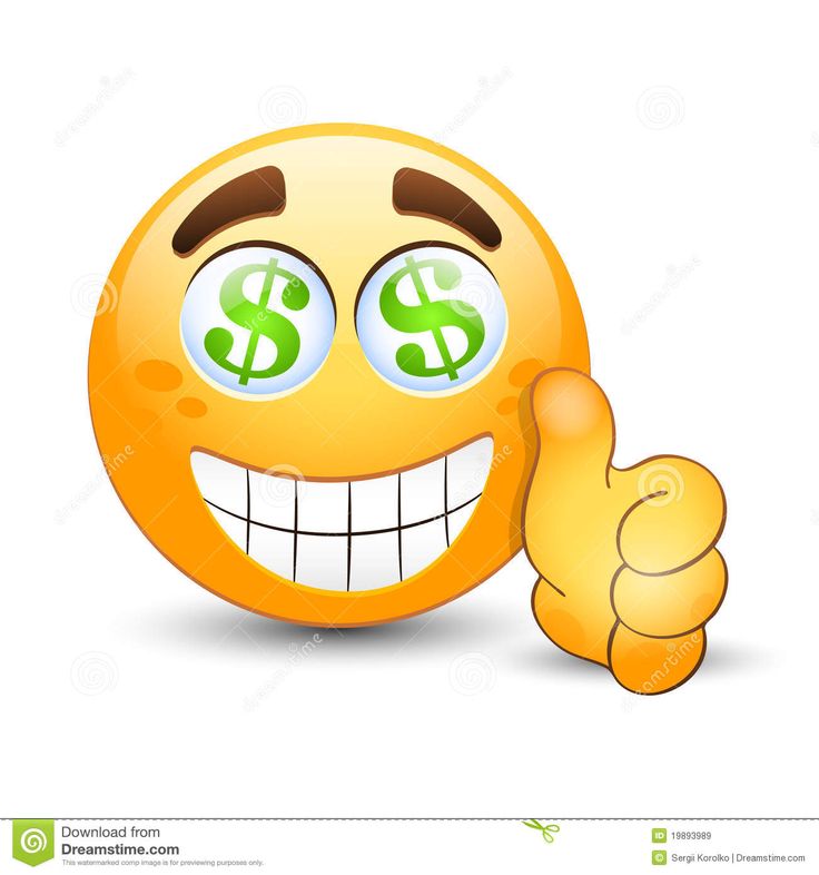 an emoticive smiley face giving the thumbs up sign with dollar signs on it