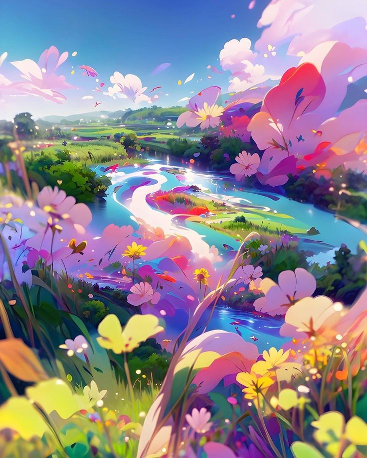 an artistic painting of flowers and water in the foreground, with blue sky above