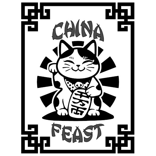 a black and white drawing of a cat with the word china on it's chest