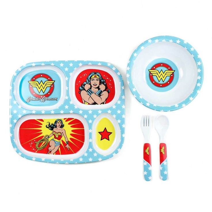 a set of children's plates and utensils with wonder logo on them