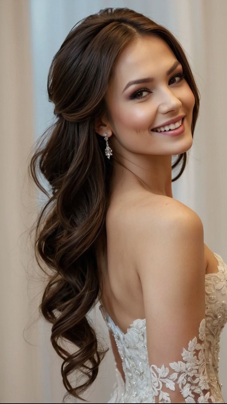 a woman with long hair wearing a wedding dress