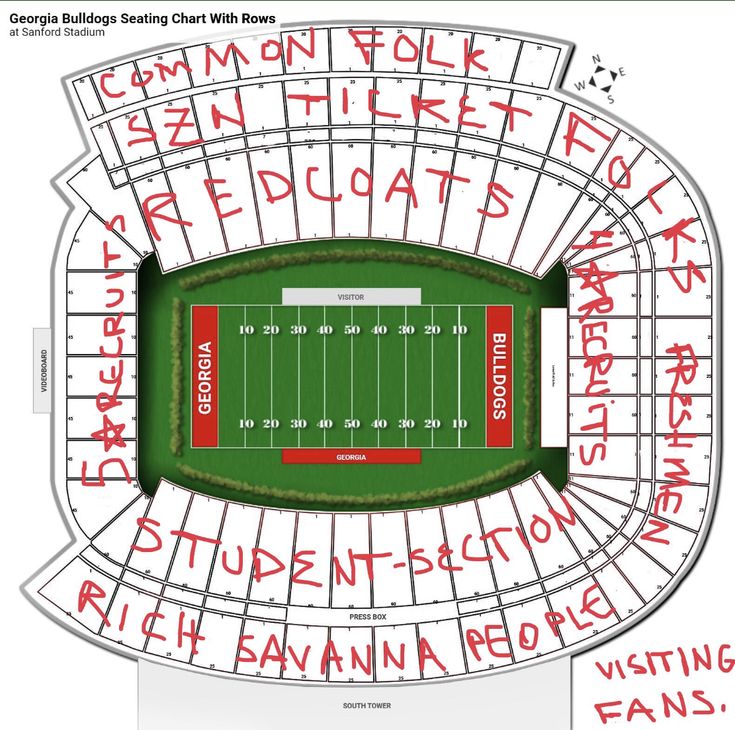 the seating plan for an american football game, with words written on it and in red