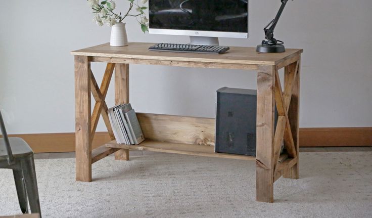 a wooden desk with a computer on it