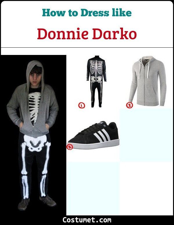 an image of a man in skeleton costume with his hands on his hips and the words how to dress like dommie darko