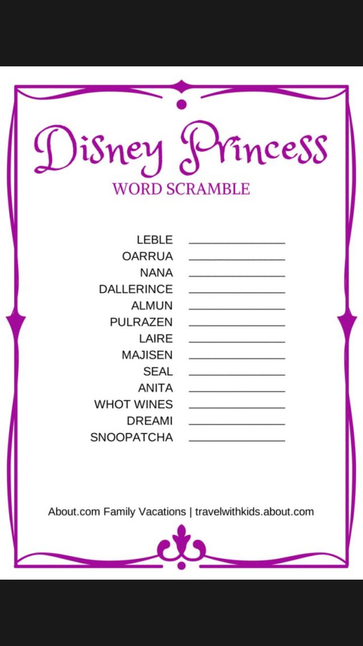 the disney princess word scramble is shown in purple and white, with an ornate frame around it